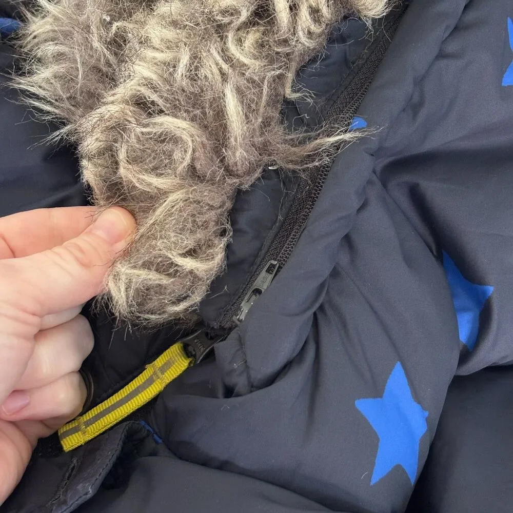 Mini Boden 4-5Y 110cm Navy Blue Star Puffer Parka Faux Fur Hood Winter Coat